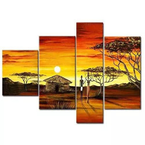 African Pinting, 4 Piece Canvas Art, Acrylic Painting for Sale, Large Landscape Painting, African Woman Village Sunset Painting-ArtWorkCrafts.com