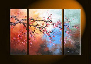 Plum Tree Flower Painting, Bedroom Wall Art Paintings, Living Room Wall Art Ideas, 3 Piece Canvas Art, Flower Acrylic Paintings-ArtWorkCrafts.com