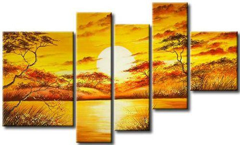 African Big Tree Painting, Living Room Room Wall Art, 5 Piece Canvas Painting, Abstract Painting-ArtWorkCrafts.com