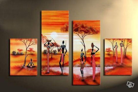 African Woman Painting, 4 Piece Canvas Art, Landscape Canvas Paintings, Hand Painted Canvas Art, Oil Painting for Sale-ArtWorkCrafts.com