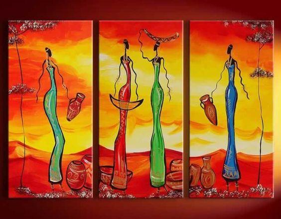 Abstract Painting, African Girl Acrylic Painting, Dining Room Wall Art, 3 Piece Art Painting-ArtWorkCrafts.com