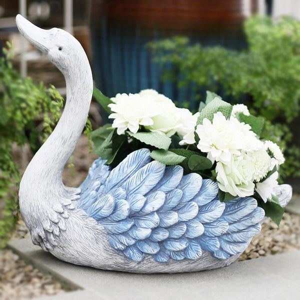 Large Blue Swan Flower Pot, Animal Statue for Garden Ornament, Swan Lovers Statues, Villa Courtyard Decor, Outdoor Decoration Ideas, Garden Ideas-ArtWorkCrafts.com
