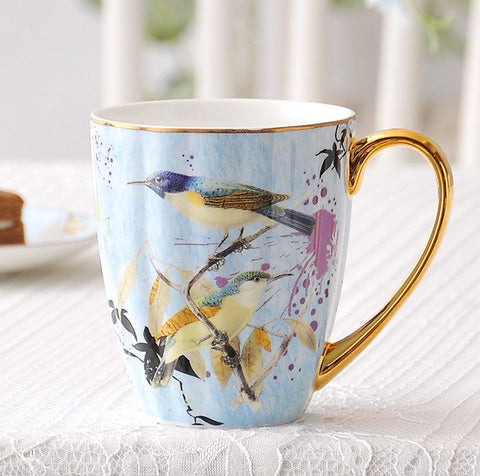 Large Creative Bone China Porcelain Mug, Elegant Blue Ceramic Coffee Mug, Beautiful Bird Flower Ceramic Mug, Large Capacity Ceramic Mugs for Office-ArtWorkCrafts.com