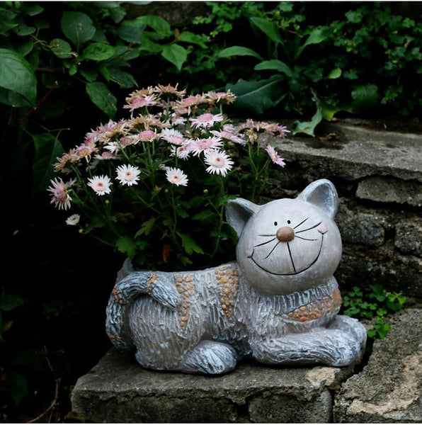 Large Cat Statue, Sitting Cat Flower Pot Statue, Pet Statue for Garden Courtyard Ornaments, Villa Outdoor Decor Gardening Ideas-ArtWorkCrafts.com