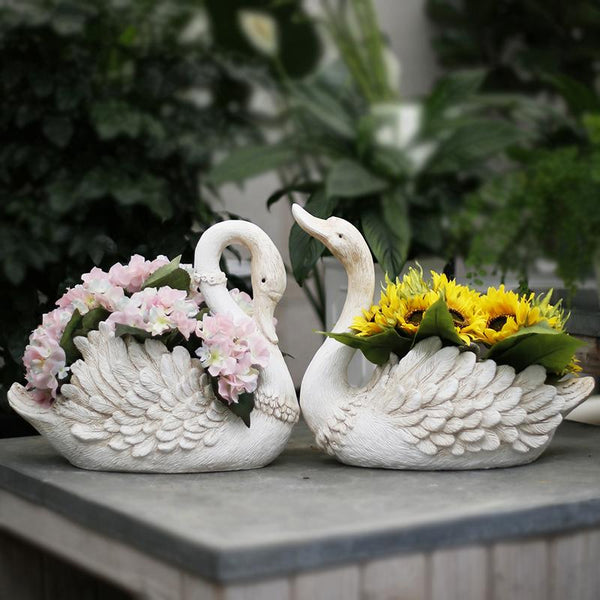White Swan Flower Pot, Small Animal Statue for Garden Ornament, Swan Lovers Statues, Villa Courtyard Decor, Outdoor Decoration Ideas, Garden Ideas-ArtWorkCrafts.com