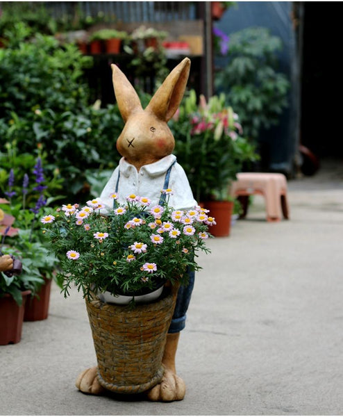 Garden Courtyard Ornament, Large Rabbit Statue for Garden, Bunny Flower Pot, Villa Outdoor Decor Gardening Ideas, House Warming Gift-ArtWorkCrafts.com