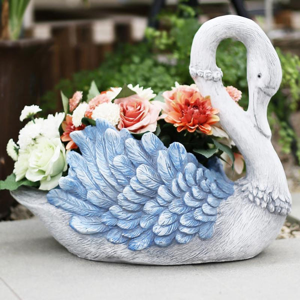 Large Blue Swan Flower Pot, Animal Statue for Garden Ornament, Swan Lovers Statues, Villa Courtyard Decor, Outdoor Decoration Ideas, Garden Ideas-ArtWorkCrafts.com