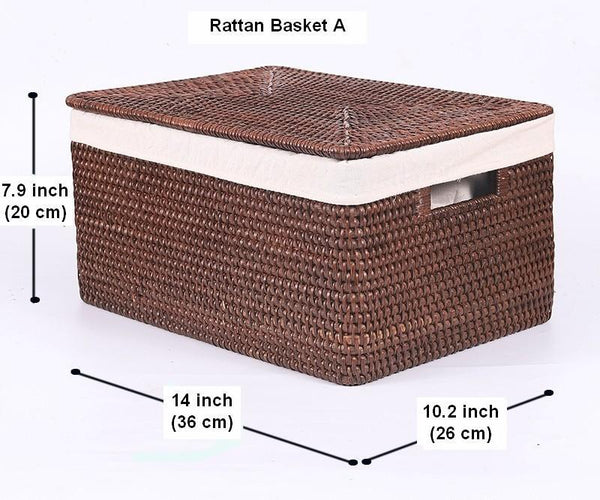 Storage Baskets for Clothes, Large Brown Rattan Storage Baskets, Storage Baskets for Bathroom, Rectangular Storage Baskets, Storage Basket with Lid-ArtWorkCrafts.com