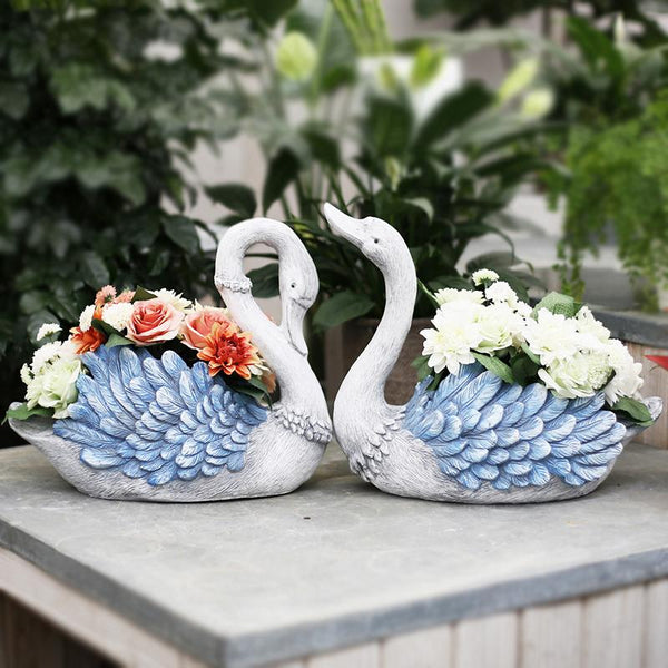 Outdoor Decoration Ideas, Garden Ideas, Blue Wing Swan Flower Pot, Animal Statue for Garden Ornament, Swan Lovers Statues, Villa Courtyard Decor-ArtWorkCrafts.com