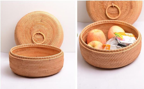Woven Storage Basket with Lid, Lovely Rattan Basket for Kitchen, Storage Basket for Dining Room, Woven Round Baskets-ArtWorkCrafts.com