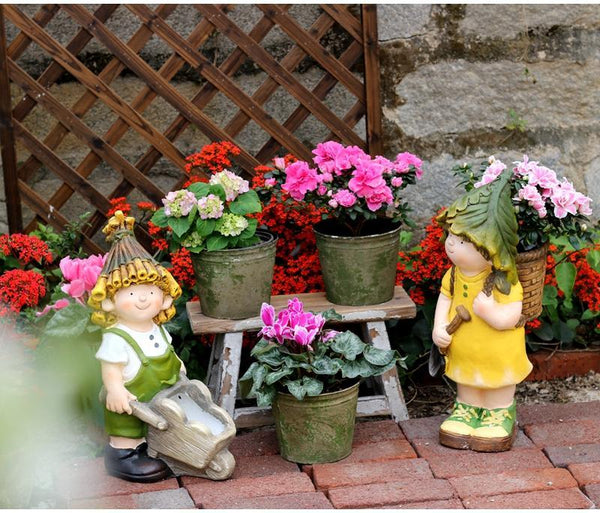 Large Boy Cart and Girl Carry Basket Statues, Flower Pot, Garden Courtyard Ornament, Gardening Ideas, House Warming Gift-ArtWorkCrafts.com