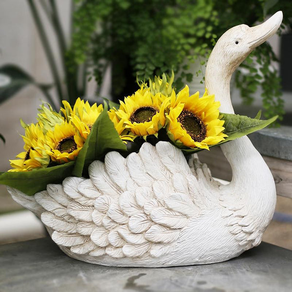 White Swan Flower Pot, Small Animal Statue for Garden Ornament, Swan Lovers Statues, Villa Courtyard Decor, Outdoor Decoration Ideas, Garden Ideas-ArtWorkCrafts.com