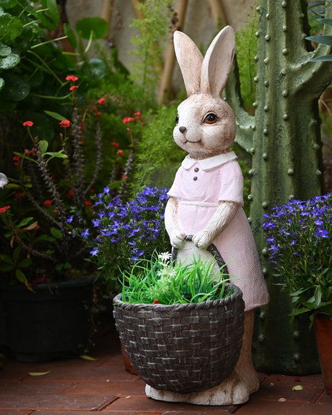Large Rabbit Lovers Statue for Garden, Bunny Flowerpot, Garden Courtyard Ornament, Villa Outdoor Decor Gardening Ideas, Modern Garden Sculptures-ArtWorkCrafts.com