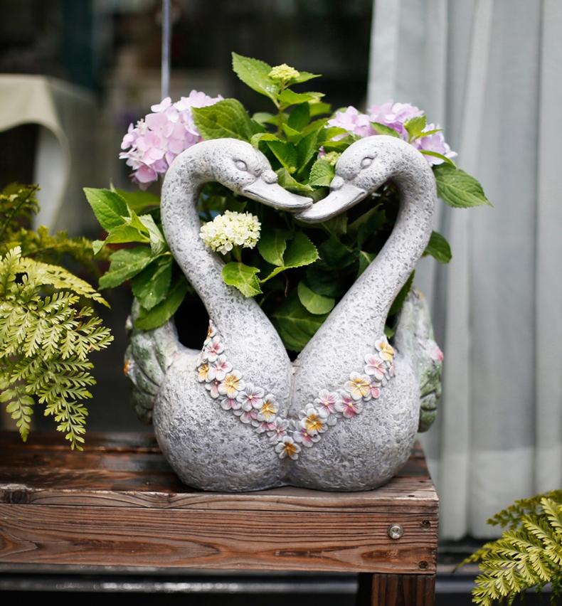 Extra Large Animal Statue for Garden Ornament, Swan Lovers Flower Pot, Swan Lovers Statues, Villa Courtyard Decor, Outdoor Decoration Ideas, Garden Ideas-ArtWorkCrafts.com