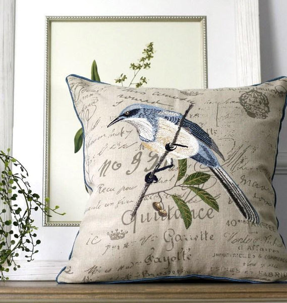 Decorative Throw Pillows for Couch, Bird Embroidery Pillows, Cotton and Linen Pillow Cover, Rustic Sofa Throw Pillows-ArtWorkCrafts.com