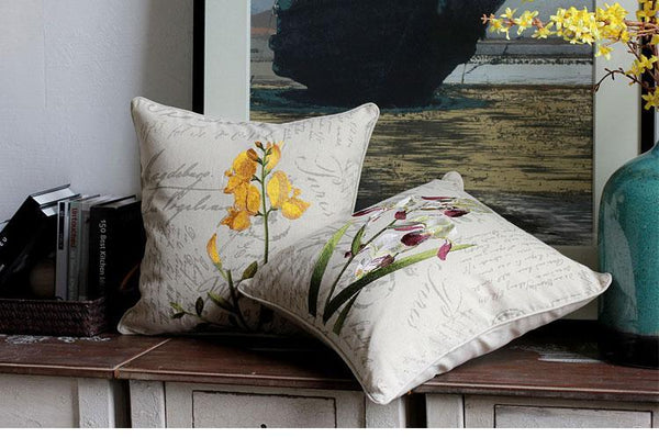 Orchid Flower Cotton and Linen Pillow Cover, Rustic Sofa Pillows for Living Room, Decorative Throw Pillows for Couch-ArtWorkCrafts.com