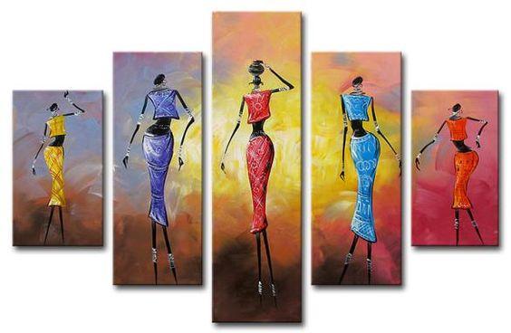 African Dancing Girl Painting, 5 Piece Acrylic Art, Abstract Painting, Extra Large Canvas Painting-ArtWorkCrafts.com