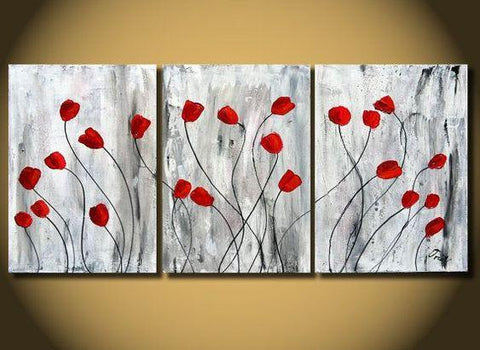 Red Poppy Flower Paintings, Acrylic Flower Painting, 3 Piece Painting, Modern Wall Art Painting-ArtWorkCrafts.com