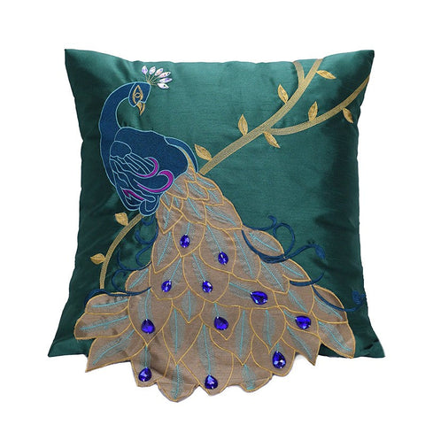 Decorative Sofa Pillows, Decorative Pillows for Couch, Beautiful Decorative Throw Pillows, Green Embroider Peacock Cotton and linen Pillow Cover-ArtWorkCrafts.com