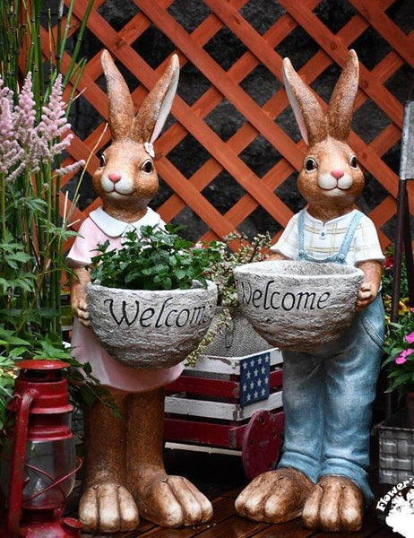 Large Rabbit Lovers Statue for Garden, Bunny Flowerpot, Garden Courtyard Ornament, Villa Outdoor Decor Gardening Ideas-ArtWorkCrafts.com