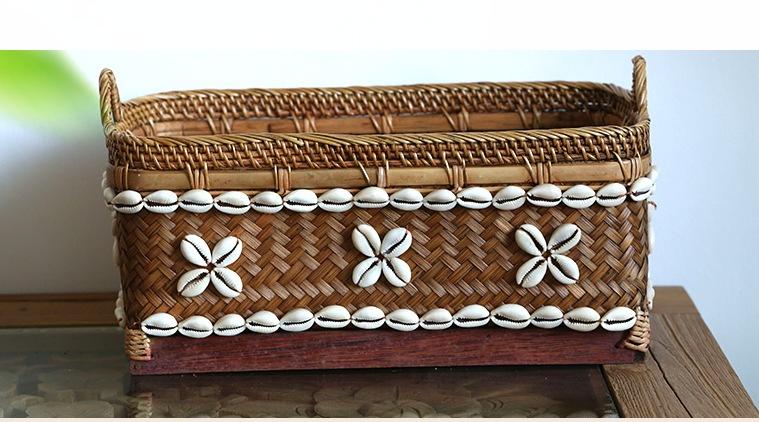 Indonesia Hand Woven Storage Basket, Natural Bamboo and Sea Shell Baskets-ArtWorkCrafts.com