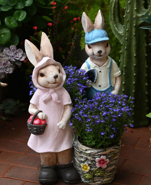 Garden Courtyard Ornament, Villa Outdoor Decor Gardening Ideas, Large Rabbit Lovers Statue for Garden, Bunny Flowerpot, Modern Garden Sculptures-ArtWorkCrafts.com