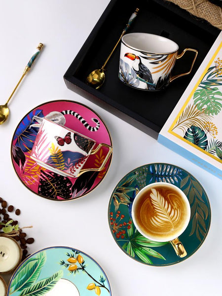 Elegant Tea Cups and Saucers, Jungle Toucan Pattern Porcelain Coffee Cups, Coffee Cups with Gold Trim and Gift Box-ArtWorkCrafts.com