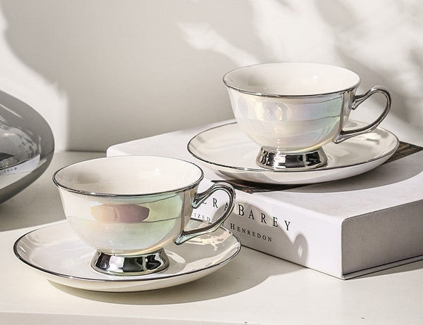 Silver Bone China Porcelain Tea Cup Set, Elegant Ceramic Coffee Cups, Beautiful British Tea Cups, Tea Cups and Saucers in Gift Box as Birthday Gift-ArtWorkCrafts.com