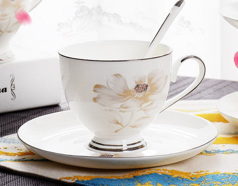 Elegant Flower Pattern Ceramic Coffee Cups, Beautiful British Tea Cups, Unique Porcelain Cup and Saucer, Creative Bone China Porcelain Tea Cup Set-ArtWorkCrafts.com