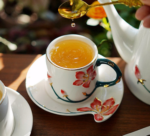 Afternoon British Tea Cups, Creative Bone China Porcelain Tea Cup Set, Traditional English Tea Cups and Saucers, Unique Ceramic Coffee Cups-ArtWorkCrafts.com