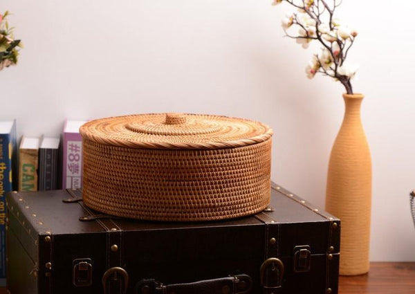 Woven Storage Basket with Lid, Large Rattan Storage Basket, Woven Round Basket for Kitchen-ArtWorkCrafts.com