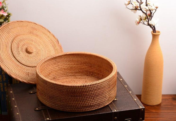 Woven Storage Basket with Lid, Large Rattan Storage Basket, Woven Round Basket for Kitchen-ArtWorkCrafts.com