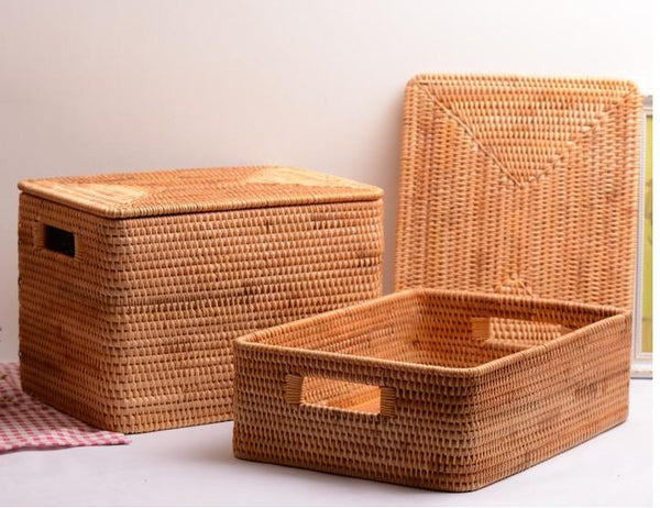 Woven Rectangular Storage Baskets, Rattan Storage Basket with Lid, Storage Baskets for Clothes, Extra Large Storage Baskets for Shelves-ArtWorkCrafts.com