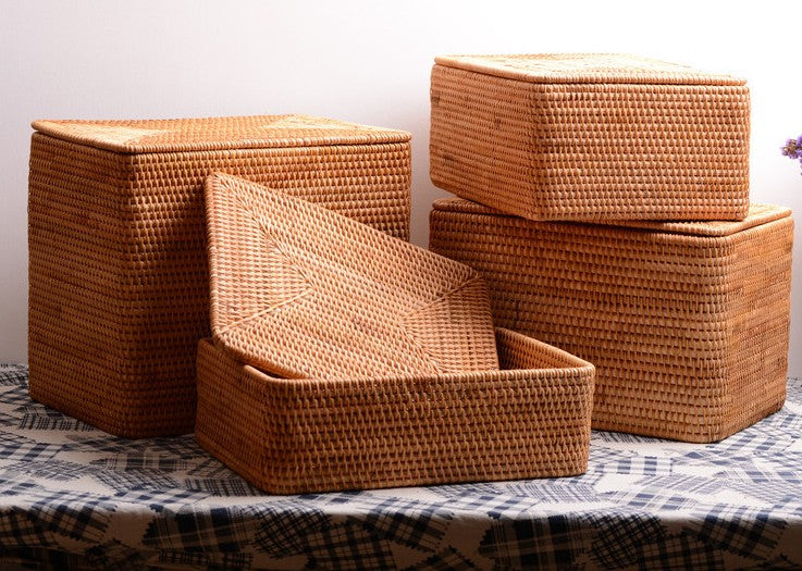 Storage Baskets with Lid, Rectangular Storage Baskets, Storage Baskets for Clothes, Pantry Storage Baskets, Rattan Woven Storage Basket for Bedroom-ArtWorkCrafts.com