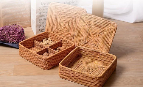 Storage Basket with Lid, Rattan Square Basket, Storage Basket with Lid, Kitchen Storage Baskets-ArtWorkCrafts.com