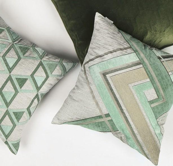 Gray Green Geometric Sticker Embroidered Square Pillows, Modern Throw Pillow, Sofa Pillows, Couch Pillows-ArtWorkCrafts.com