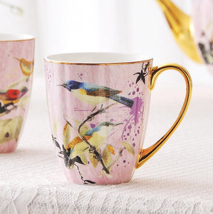 Elegant Pink Ceramic Coffee Mug, Beautiful Bird Flower Ceramic Mug, Large Creative Bone China Porcelain Mug, Large Capacity Ceramic Mugs for Office-ArtWorkCrafts.com