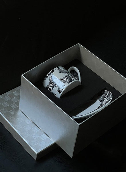 Unique Tea Cup and Saucer in Gift Box, Zebra Jungle Bone China Porcelain Tea Cup Set, Royal Ceramic Cups, Elegant Ceramic Coffee Cups-ArtWorkCrafts.com