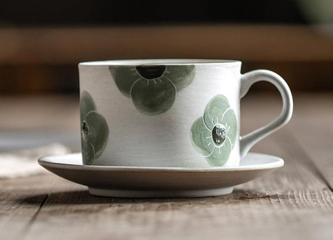 Cappuccino Coffee Cup, Spring Flower Coffee Cup, Rustic Tea Cup, Pottery Coffee Cups, Coffee Cup and Saucer Set-ArtWorkCrafts.com