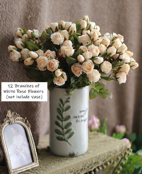 Wedding Artificial Flowers, 12 Branches of White Rose Flowers, White Rose Flower in Vase, Real Touch Flowers, Simple Flower Arrangement Ideas for Home Decoration-ArtWorkCrafts.com