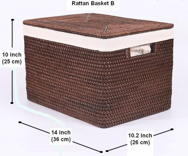 Storage Baskets for Bathroom, Rectangular Storage Baskets, Storage Basket with Lid, Storage Baskets for Clothes, Large Brown Rattan Storage Baskets-ArtWorkCrafts.com