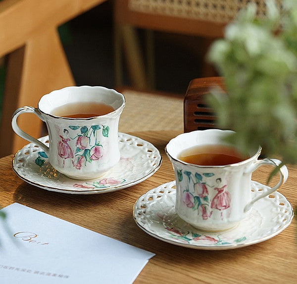 Elegant British Tea Cups, Beautiful Bone China Porcelain Tea Cup Set, Traditional English Tea Cups and Saucers, Unique Ceramic Coffee Cups-ArtWorkCrafts.com
