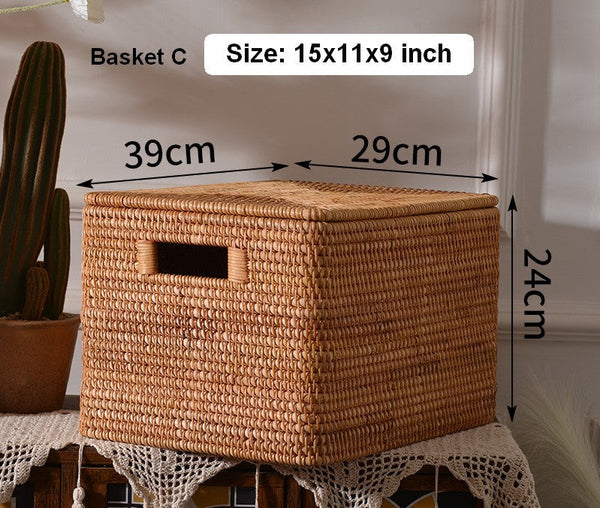Oversized Rectangular Storage Basket with Lid, Woven Rattan Storage Basket for Shelves, Storage Baskets for Bedroom, Extra Large Storage Baskets for Clothes-ArtWorkCrafts.com
