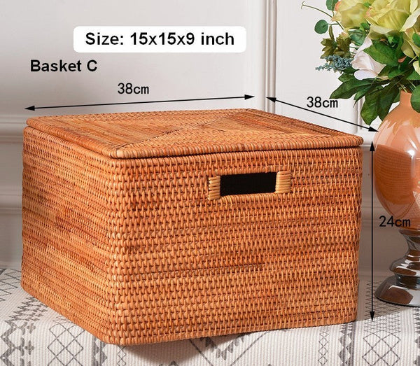 Square Storage Basket with Lid, Extra Large Storage Baskets for Clothes, Rattan Storage Basket for Shelves, Oversized Storage Baskets for Kitchen-ArtWorkCrafts.com