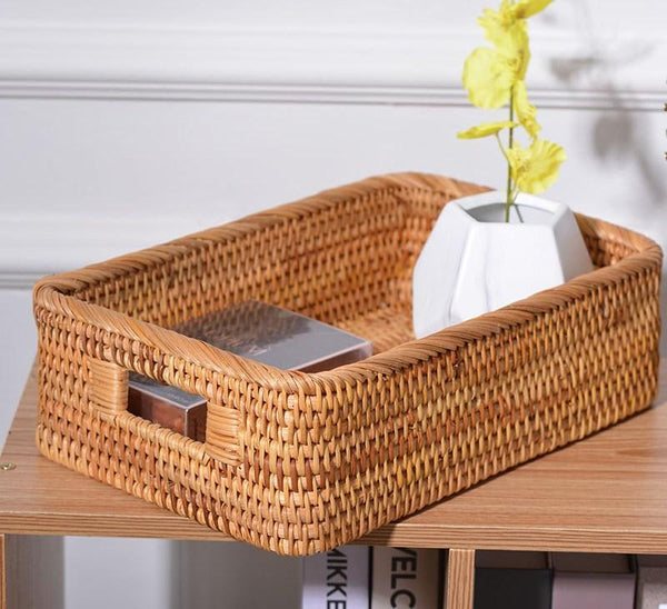Woven Rectangular Basket with Handle, Rattan Storage Basket for Shelves, Woven Storage Baskets for Bathroom-ArtWorkCrafts.com