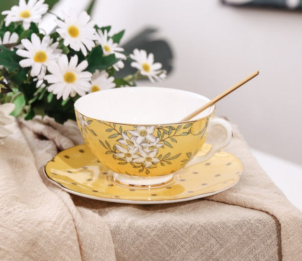 Creative Yellow Ceramic Coffee Cups, Unique Flower Coffee Cups and Saucers, Beautiful British Tea Cups, Creative Bone China Porcelain Tea Cup Set-ArtWorkCrafts.com