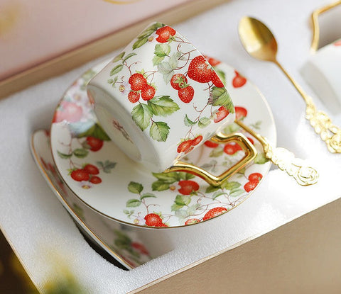 Strawberry Bone China Porcelain Tea Cup Set, Elegant Ceramic Coffee Cups, British Royal Ceramic Cups for Afternoon Tea, Unique Blue Tea Cup and Saucer in Gift Box-ArtWorkCrafts.com