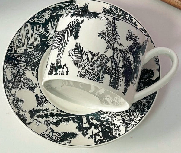 Unique Tea Cup and Saucer in Gift Box, Zebra Jungle Bone China Porcelain Tea Cup Set, Royal Ceramic Cups, Elegant Ceramic Coffee Cups-ArtWorkCrafts.com