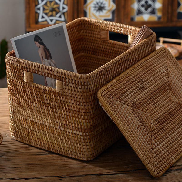 Rectangular Storage Basket with Lid, Rattan Storage Baskets for Clothes, Kitchen Storage Baskets, Oversized Storage Baskets for Living Room-ArtWorkCrafts.com