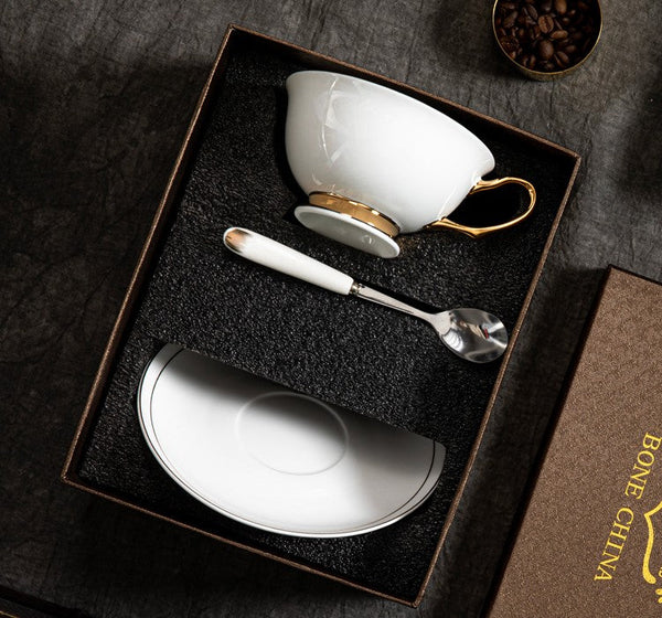 White Ceramic Cups, Elegant British Ceramic Coffee Cups, Bone China Porcelain Tea Cup Set, Unique Tea Cup and Saucer in Gift Box-ArtWorkCrafts.com